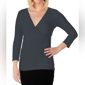 Tees by Tina 3/4 Sleeve Ruched V-Neck Top in Silver Fox, OS